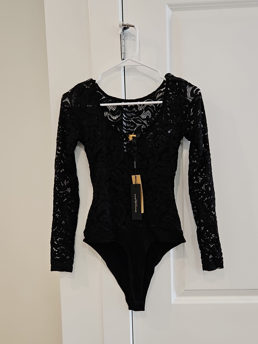 NWOT Donna Karan Black Lace Long-Sleeve One-Piece Bodysuit